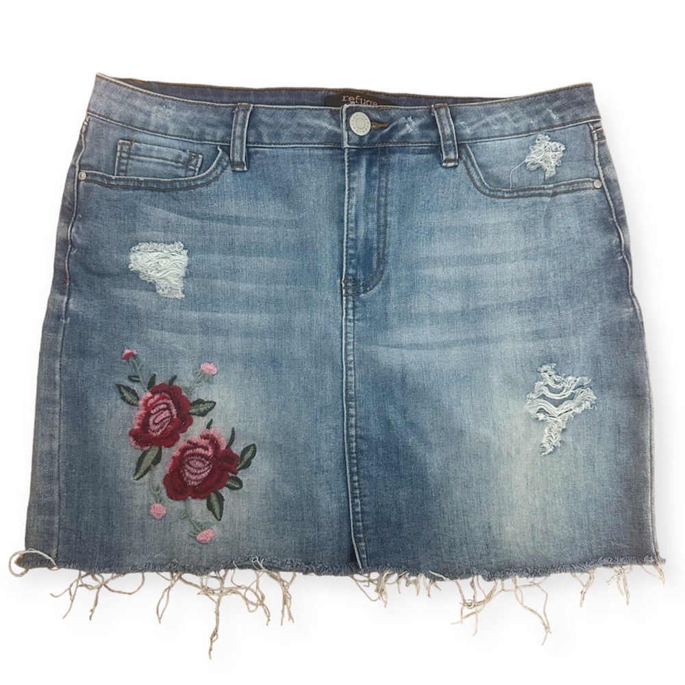Refuge Distressed Mini Denim Skirt with Embroidered Rose